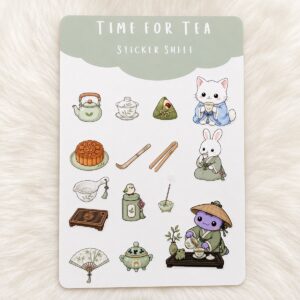 Time for Tea 4x6 matte vinyl sticker sheet with tea-themed kawaii illustrations