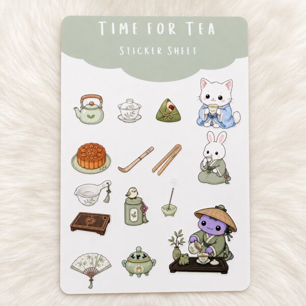 Time for Tea 4x6 matte vinyl sticker sheet with tea-themed kawaii illustrations